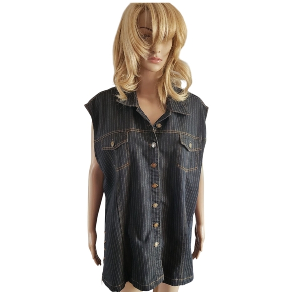 Juste pour moi black striped sleeveless jeans vest, plus size 2X - Picture 11 of 12